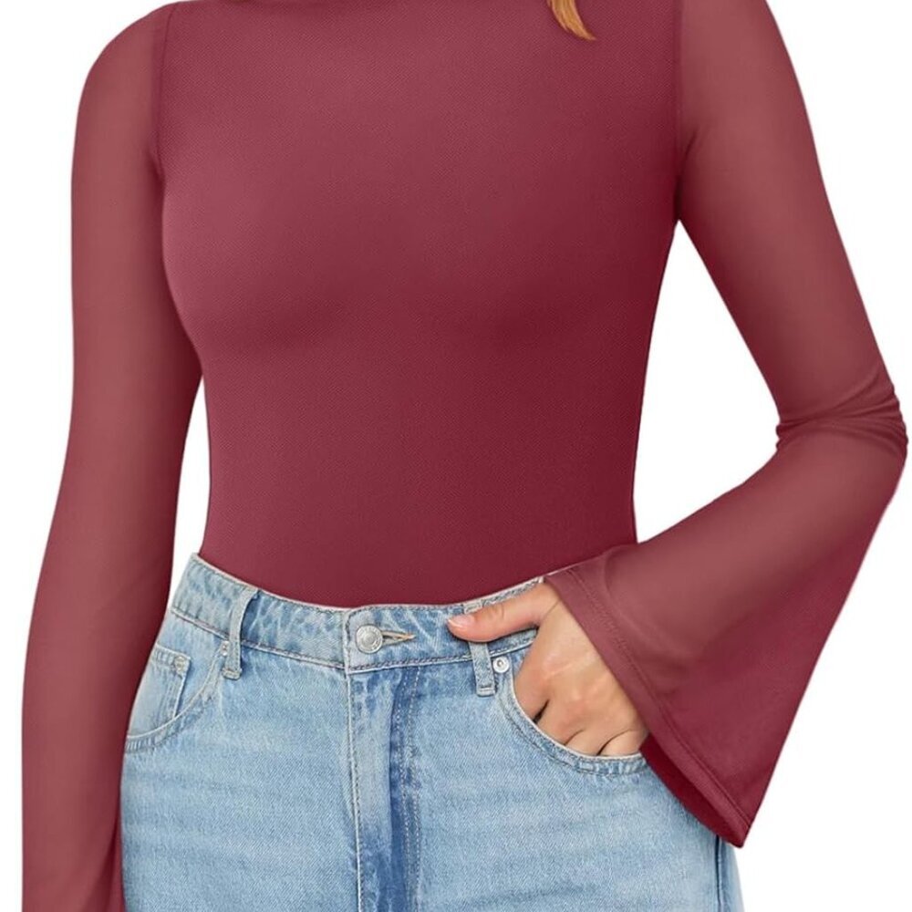 Women's Trendy Sexy Boat Neck Bell Sleeve Sheer Mesh Going Out Bodysuit Tops